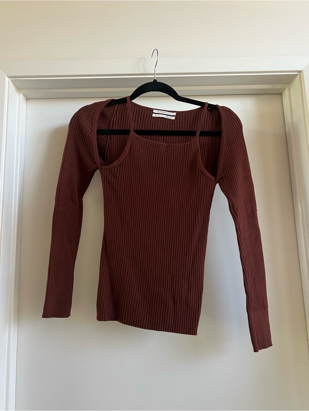 Anthropologie Ribbed Long Sleeve Cutout Top - Rust Brown